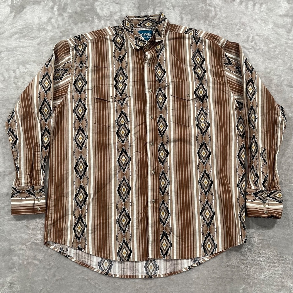 Wrangler Shirt Mens XL Brown Aztec Western Pearl Snap Long Sleeve Rodeo Cowboy